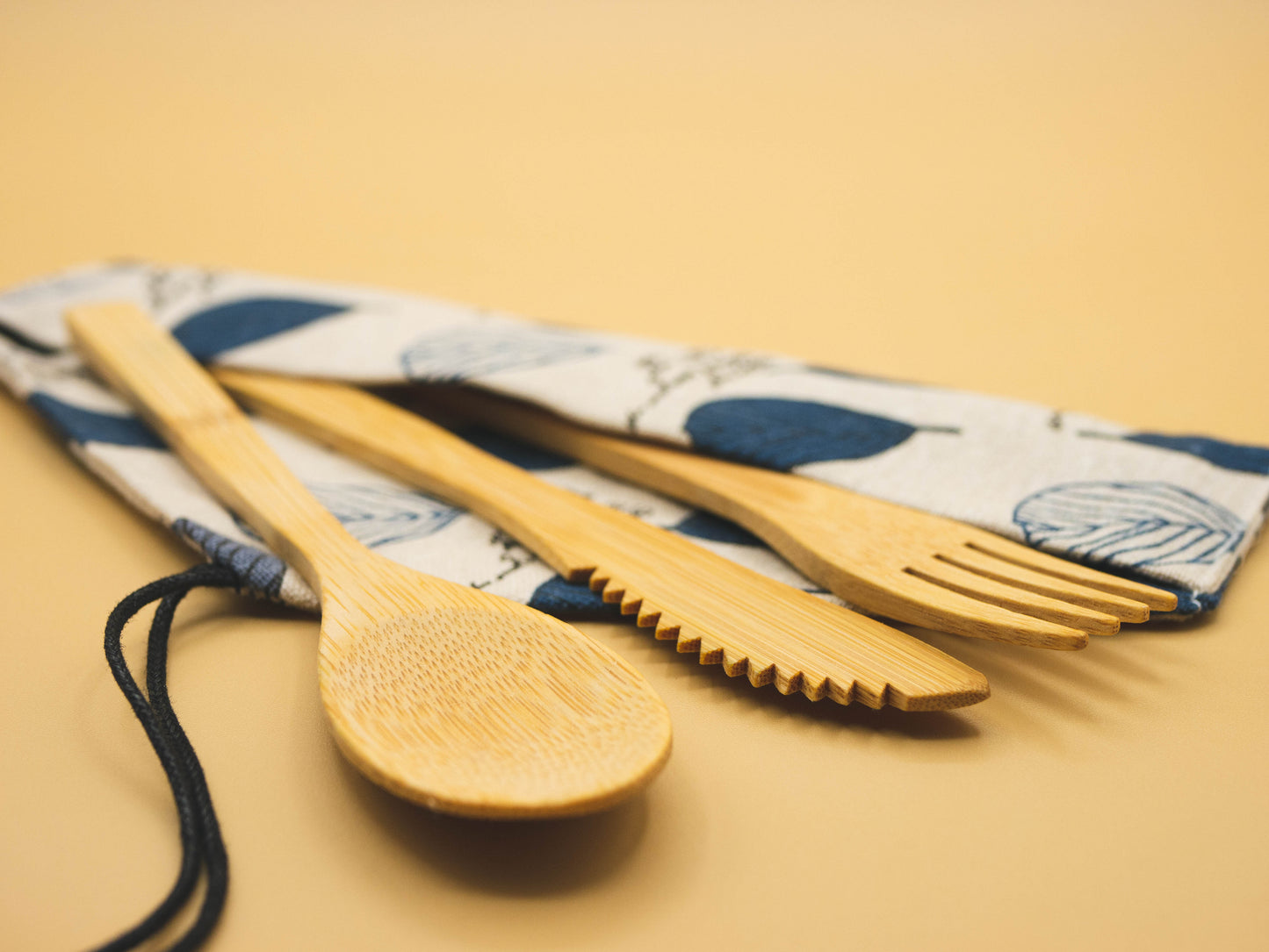 Eco-Friendly Cutlery - Bamboo Fork, Knife and Spoon in a Fabric Pouch - 3 pcs.