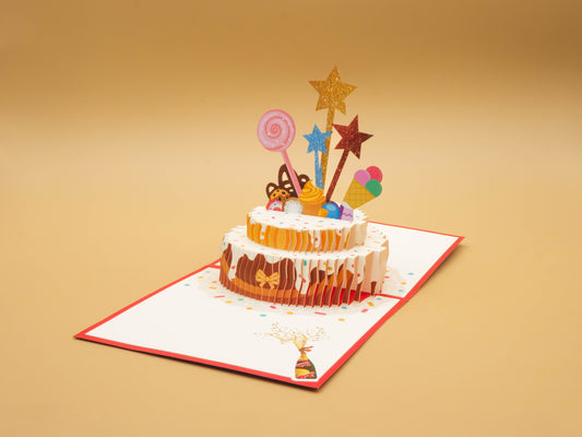 3D Pop-Up Card - Happy Birthday Cake Card (red)