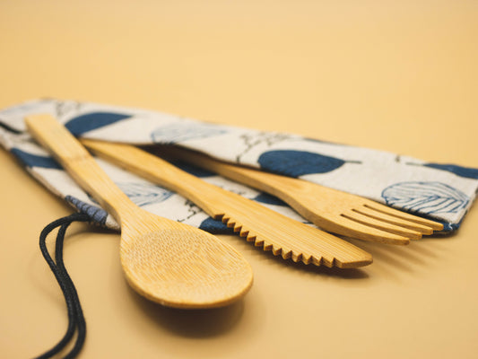 Eco-Friendly Cutlery - Bamboo Fork, Knife and Spoon in a Fabric Pouch - 3 pcs.